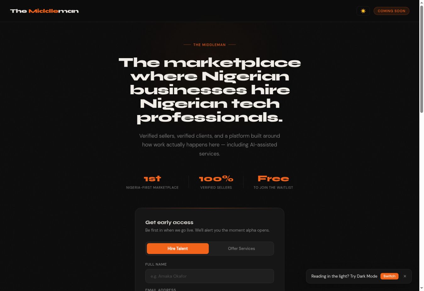 The Middleman public waitlist page, captured in October 2026